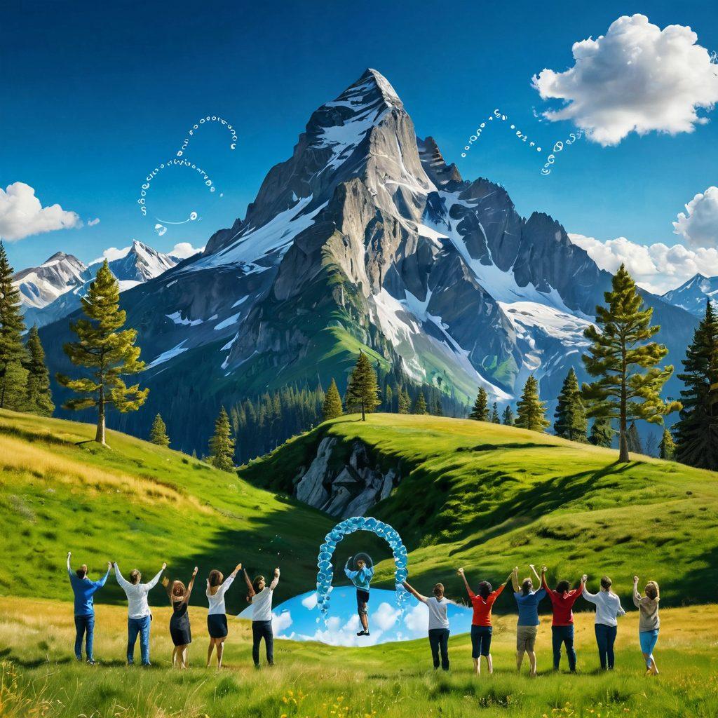 A serene landscape featuring a soaring mountain under a bright blue sky, symbolizing financial freedom and wellness. In the foreground, a diverse group of people joyfully celebrating around a large golden key, representing the unlocking of financial secrets. Lush green grass indicates growth and prosperity, while various icons of credit analysis and fiscal management float in the air, like bubbles. The scene radiates positivity and hope. vibrant colors. super-realistic.