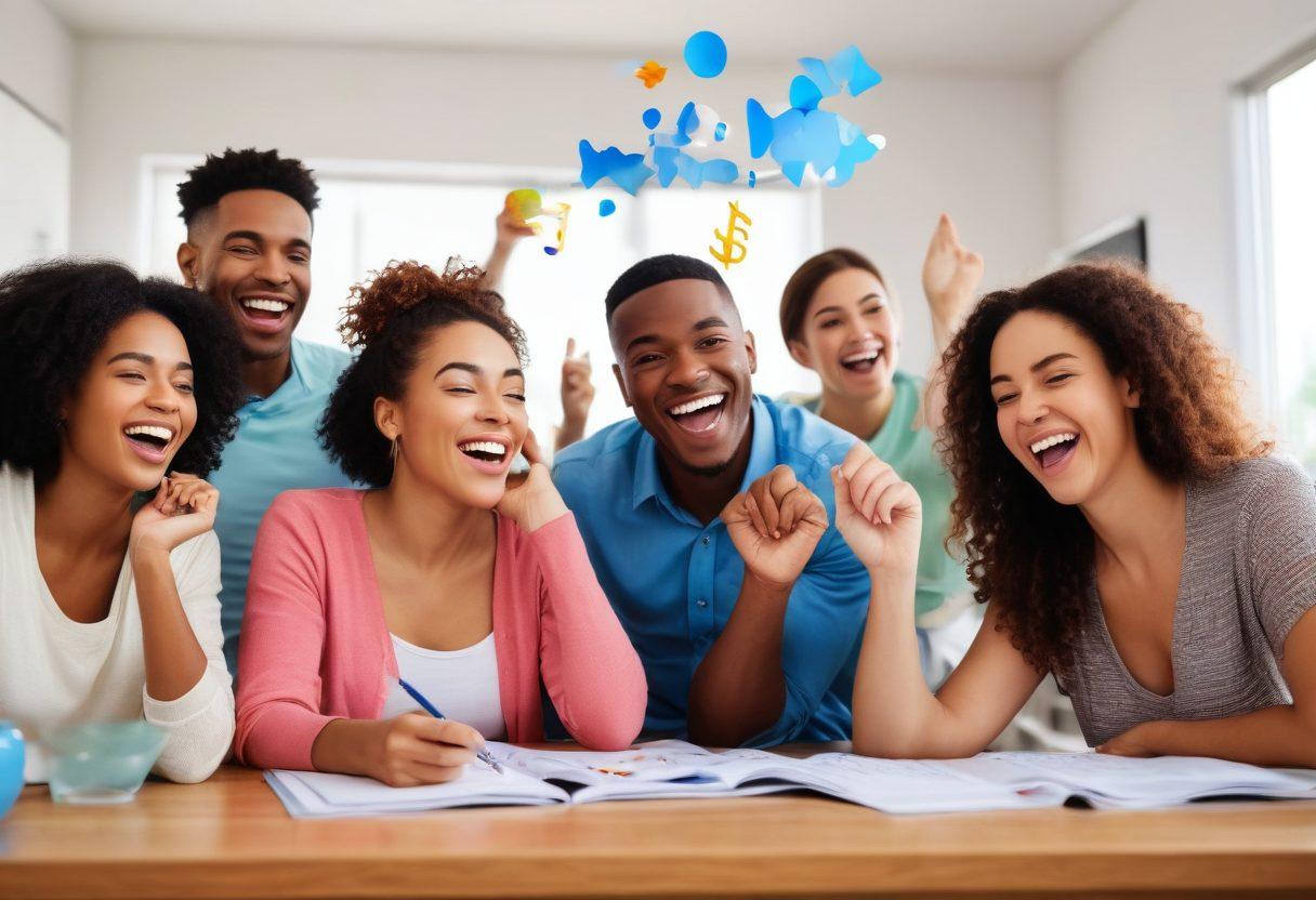 A bright and uplifting scene showcasing a diverse group of individuals celebrating financial accomplishments, with joy evident on their faces. In the background, open books, a graph showing rising credit scores, and symbols of financial well-being such as dollar signs and piggy banks. The environment is lively and colorful, radiating positivity and hope. Include a clear blue sky and sunlight pouring down to emphasize the theme of unlocking joy. vibrant colors. super-realistic.