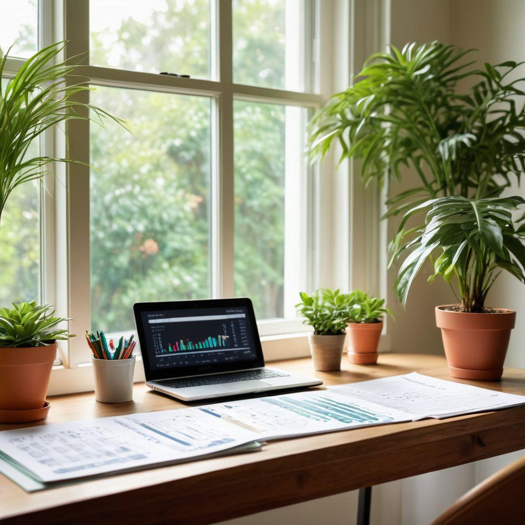 A serene workspace featuring a well-organized desk with a financial planner, a calculator, and a laptop displaying growth charts, surrounded by greenery for a calming effect. A bright window shows sunlight streaming in, symbolizing new beginnings. In the background, a potted plant represents growth and prosperity. soft focus. bright colors. minimalistic style.